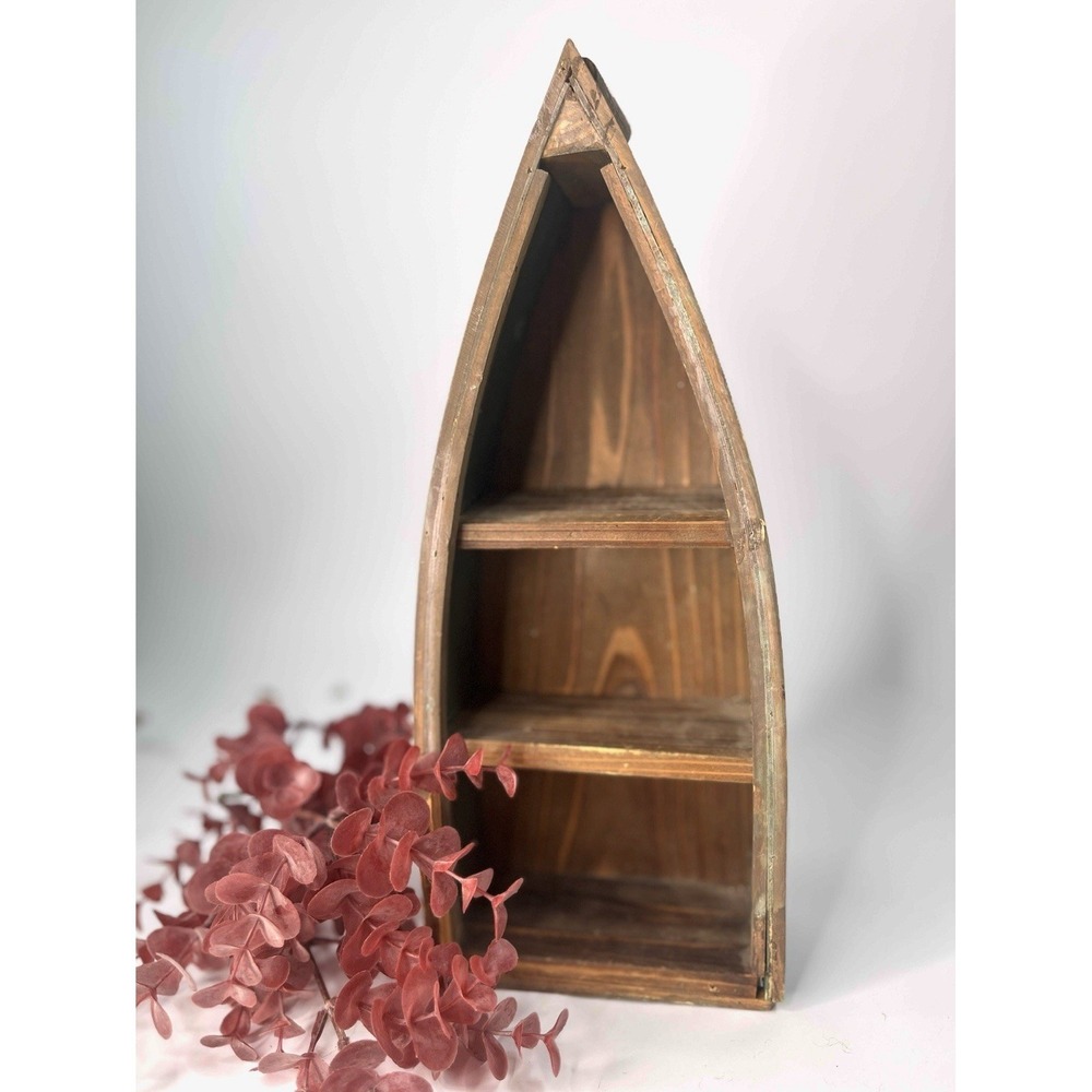 15" Tall Wooden Canoe Shaped Wall Hanger  Or Free Stand Shelf Cabin Decor Rustic